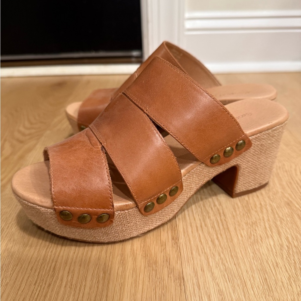 Chocolat Blu Tan Leather Mules with Wooden Heel